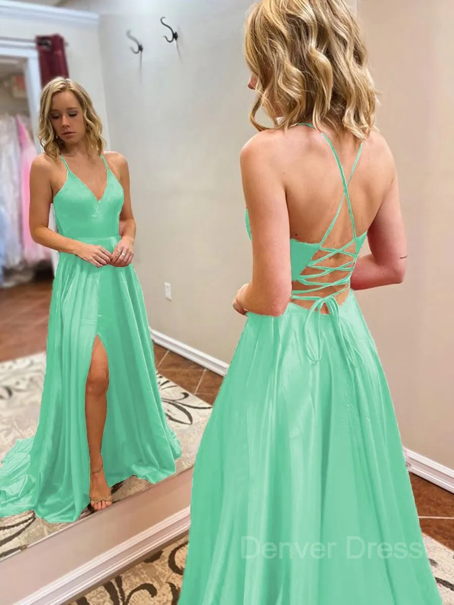 A-Line V-neck Sweep Train Elastic Woven Satin Evening Dresses With Leg Slit