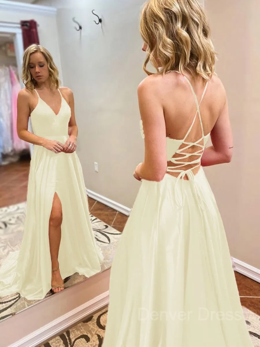 A-Line V-neck Sweep Train Elastic Woven Satin Evening Dresses With Leg Slit