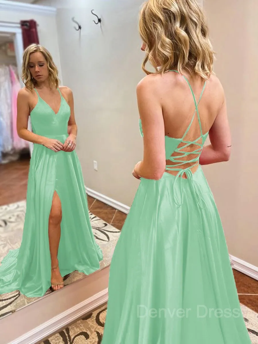 A-Line V-neck Sweep Train Elastic Woven Satin Evening Dresses With Leg Slit