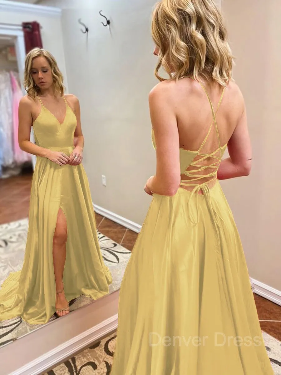 A-Line V-neck Sweep Train Elastic Woven Satin Evening Dresses With Leg Slit