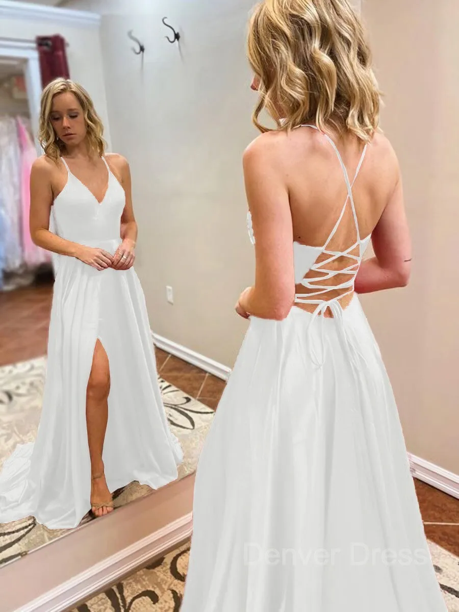 A-Line V-neck Sweep Train Elastic Woven Satin Evening Dresses With Leg Slit