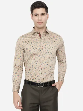 Beige & Blue Printed Slim Fit Party Wear Shirt | Greenfibre