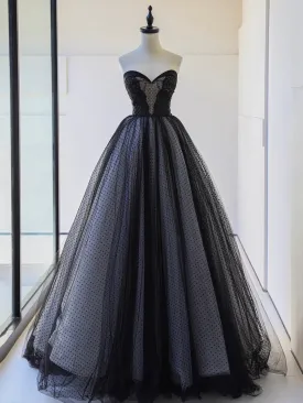 Black Strapless Tulle Lace Long Prom Dress Black A-Line Sweetheart Neck Evening Party Dress
