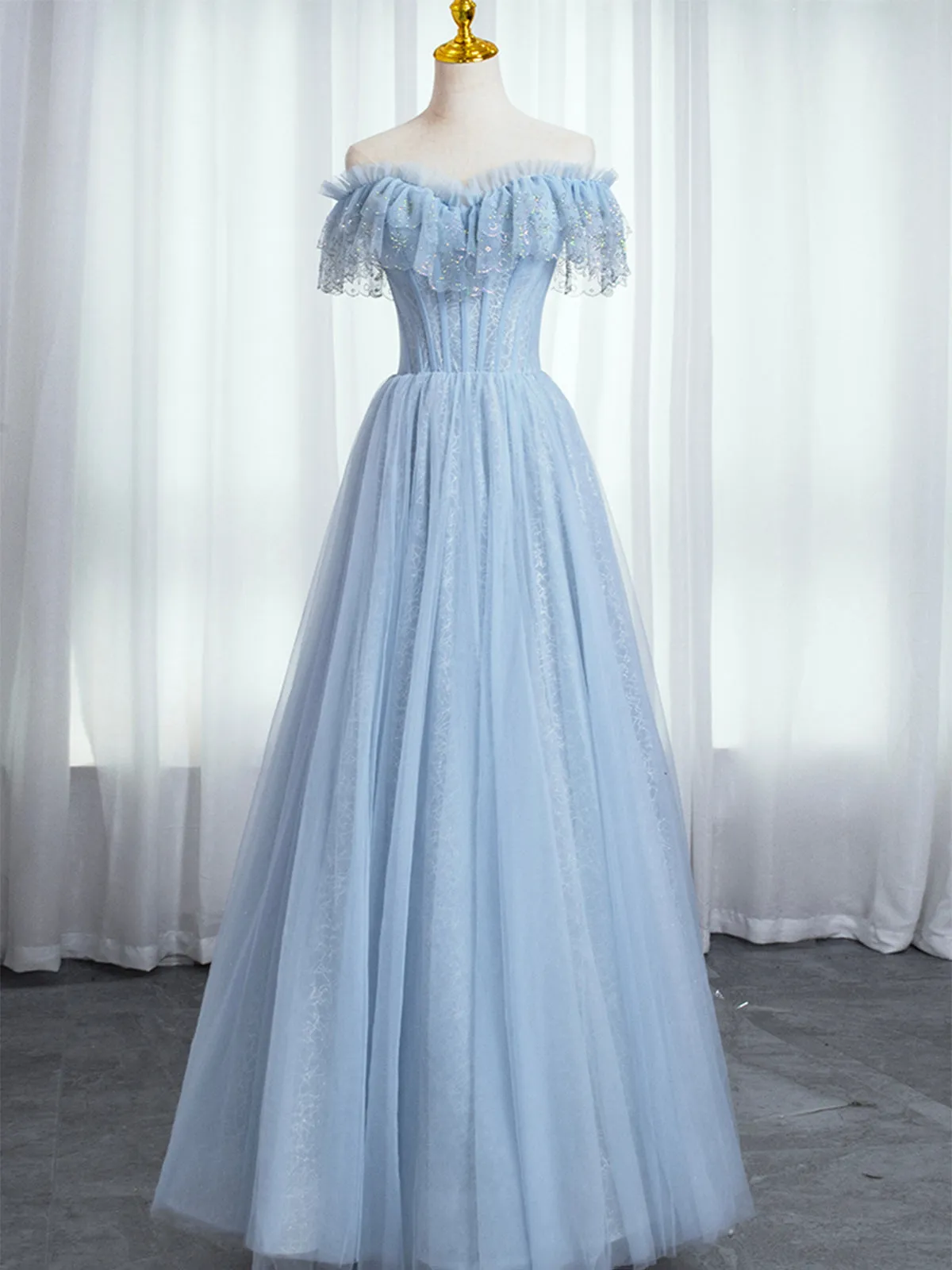 Blue Sweetheart Beaded Off the Shoulder Prom Dress A-Line Blue Evening Dress