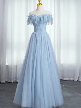 Blue Sweetheart Beaded Off the Shoulder Prom Dress A-Line Blue Evening Dress