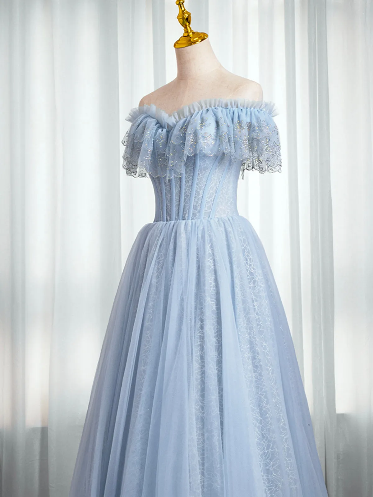 Blue Sweetheart Beaded Off the Shoulder Prom Dress A-Line Blue Evening Dress