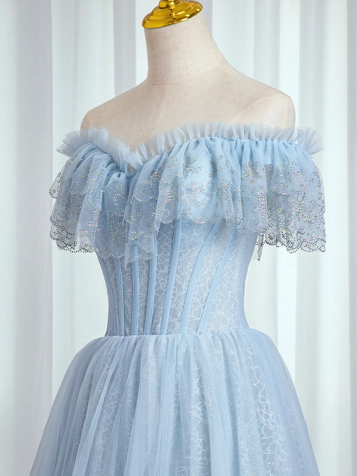 Blue Sweetheart Beaded Off the Shoulder Prom Dress A-Line Blue Evening Dress