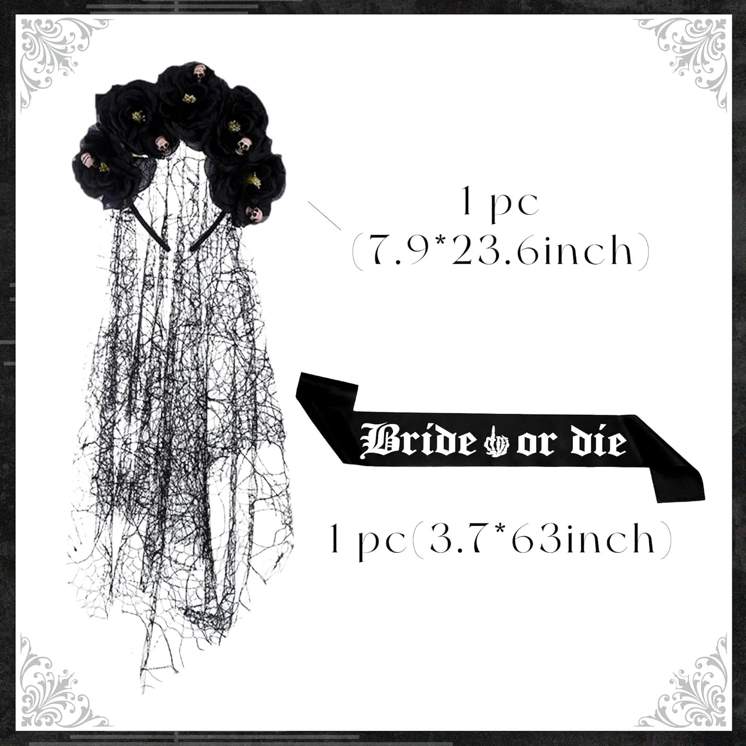 Bride or Die Sash Gothic Rose Flower Headband Goth Bachelorette Decoration Bride or Die Bachelorette Party Supplies Gothic Bridal Shower Decoration
