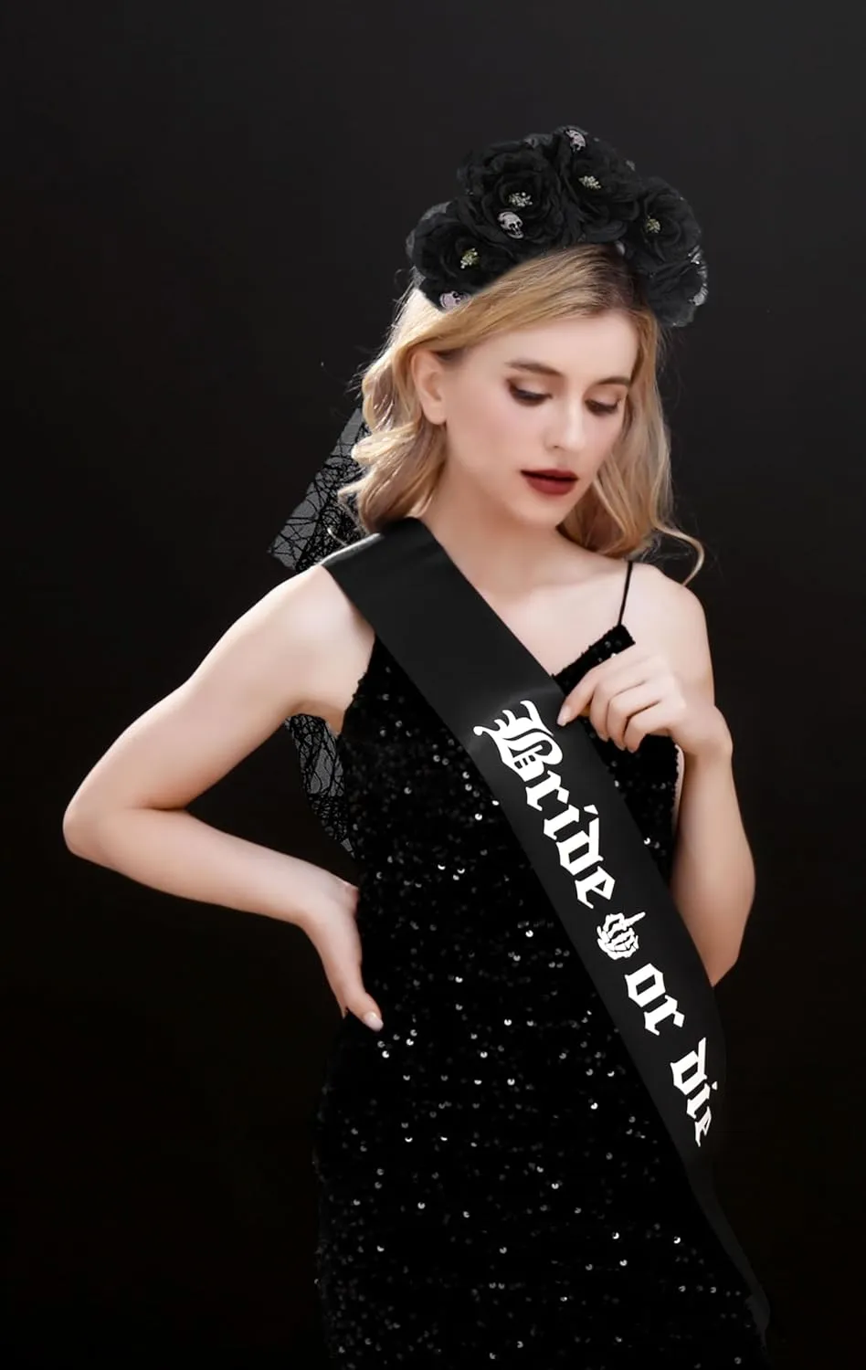 Bride or Die Sash Gothic Rose Flower Headband Goth Bachelorette Decoration Bride or Die Bachelorette Party Supplies Gothic Bridal Shower Decoration