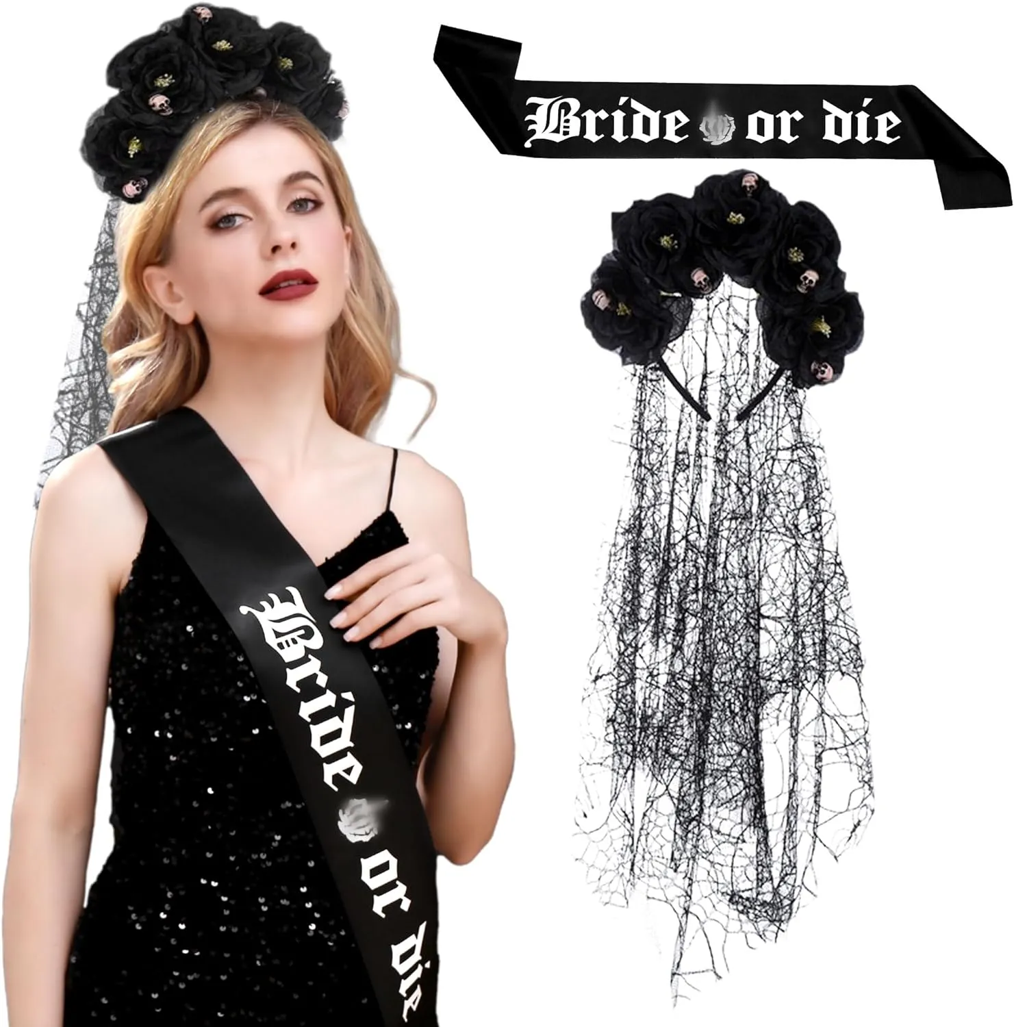 Bride or Die Sash Gothic Rose Flower Headband Goth Bachelorette Decoration Bride or Die Bachelorette Party Supplies Gothic Bridal Shower Decoration