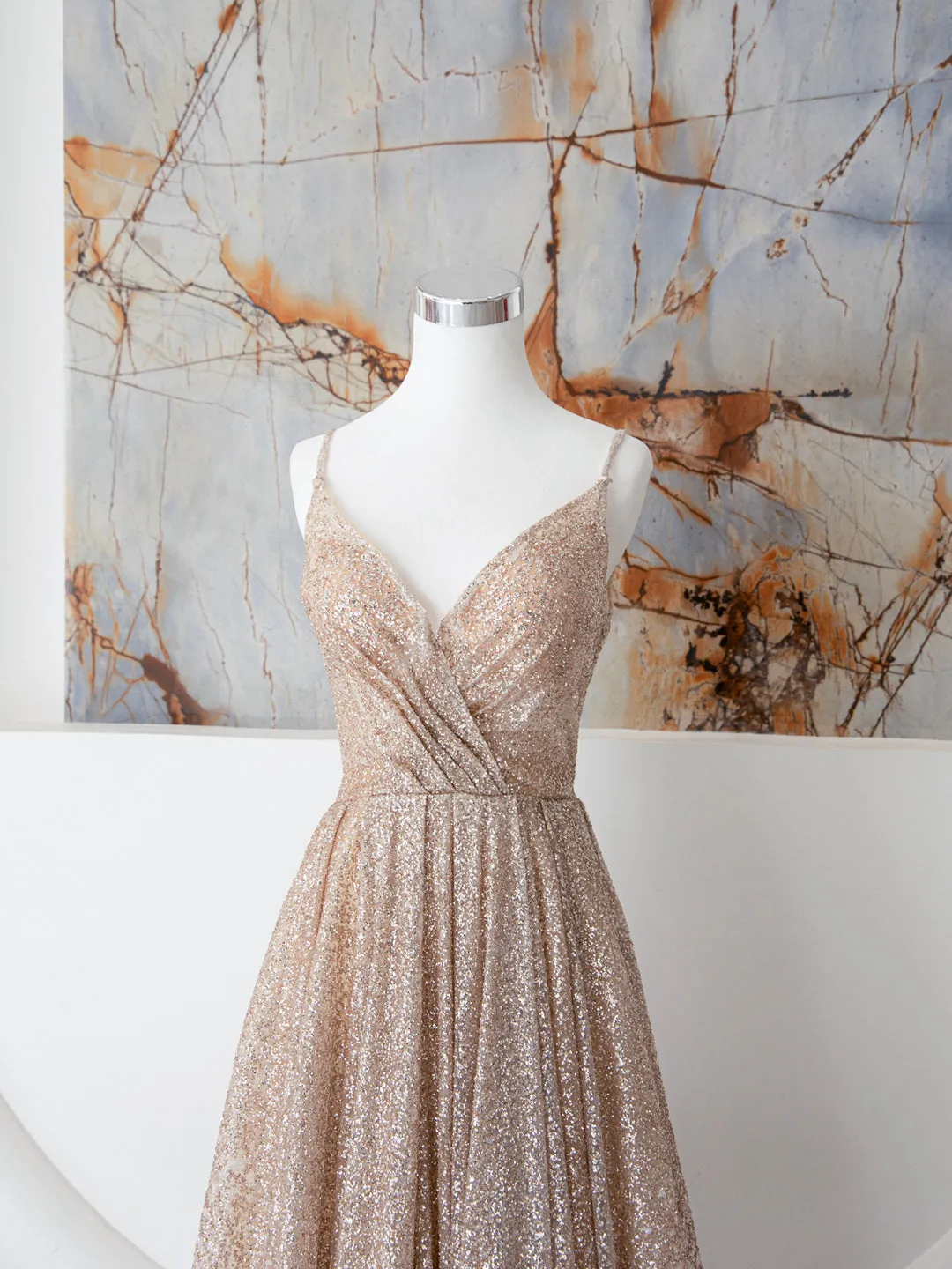 Champagne Spaghetti Strap Sequins Long Prom Dress Shiny V-Neck Evening Dress