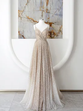 Champagne Spaghetti Strap Sequins Long Prom Dress Shiny V-Neck Evening Dress
