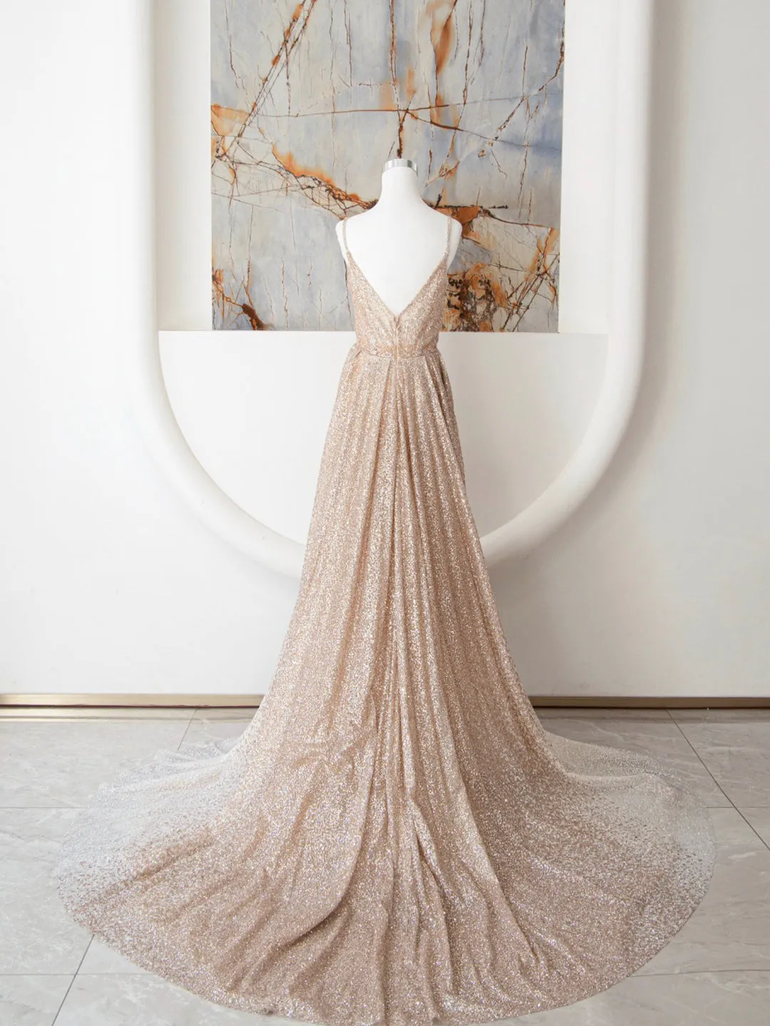 Champagne Spaghetti Strap Sequins Long Prom Dress Shiny V-Neck Evening Dress