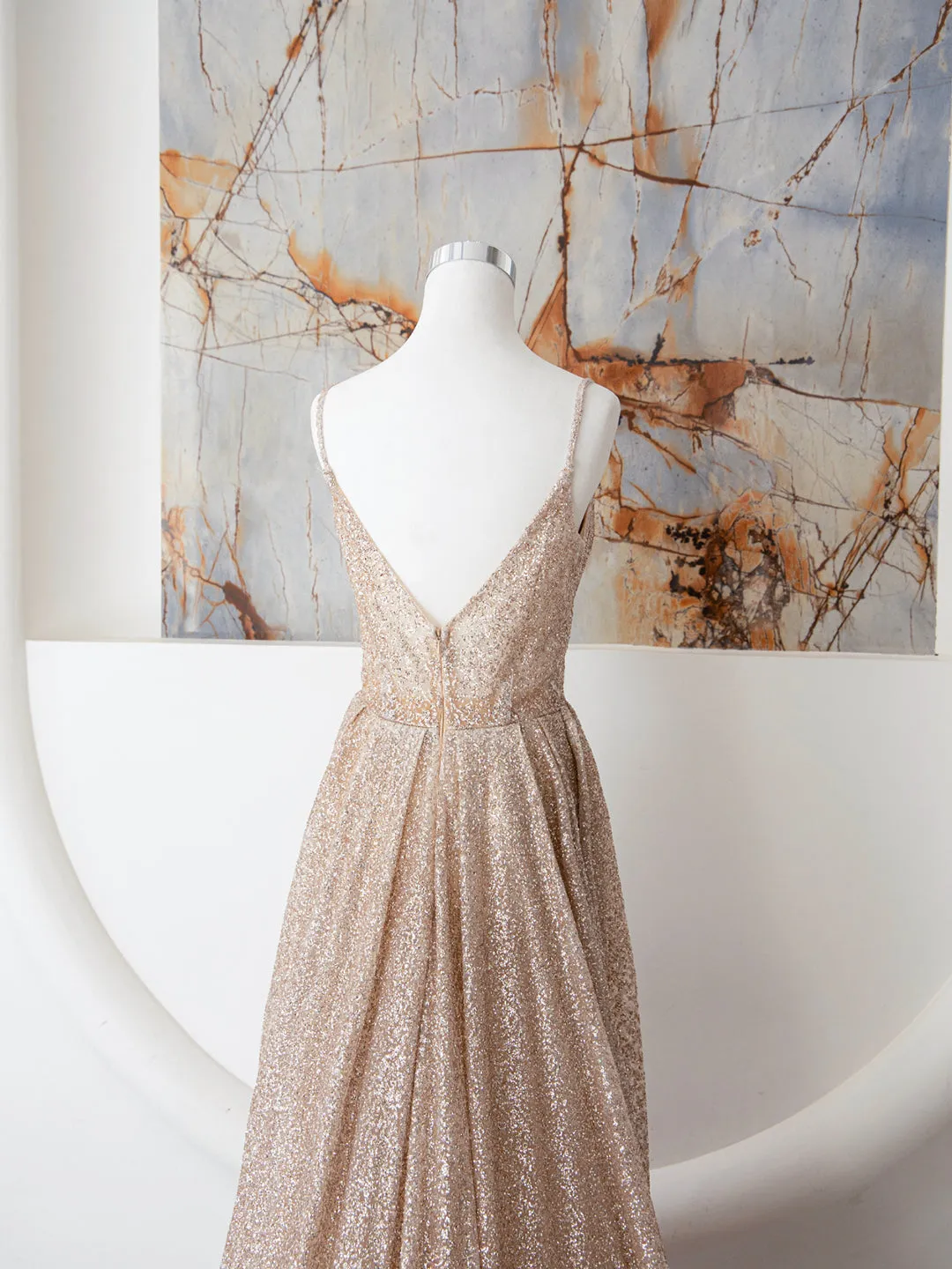 Champagne Spaghetti Strap Sequins Long Prom Dress Shiny V-Neck Evening Dress