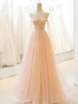 Cute Tulle Long Prom Dress A-Line Strapless Evening Dress
