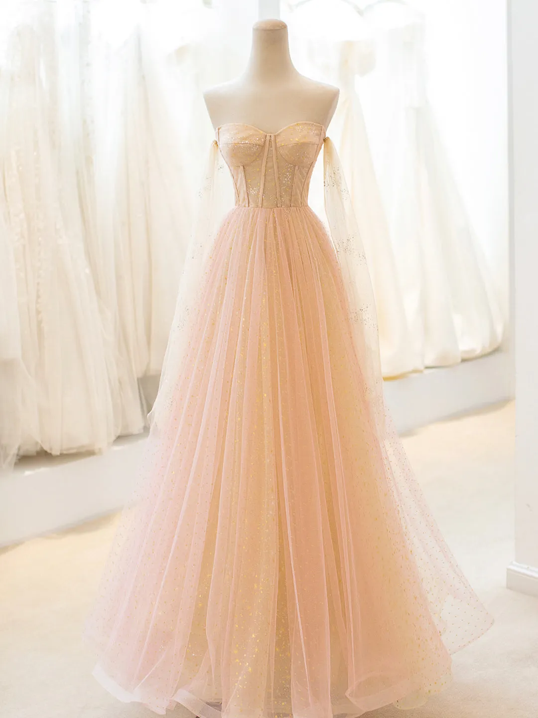 Cute Tulle Long Prom Dress A-Line Strapless Evening Dress