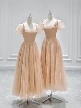Cute Tulle Tea Length Prom Dress A-Line Short Sleeve Evening Dress