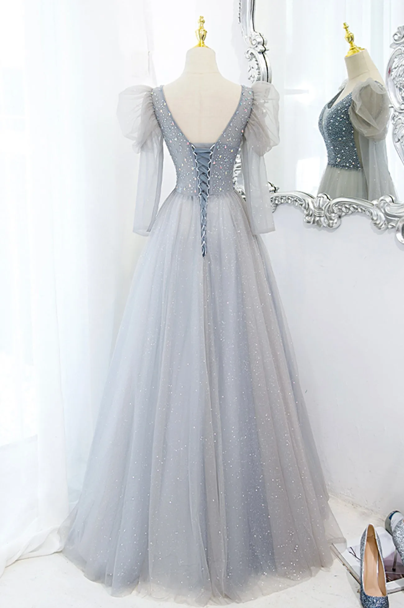 Cute V-Neck Tulle Beaded Long Prom Dress Gray A-Line Evening Party Dress