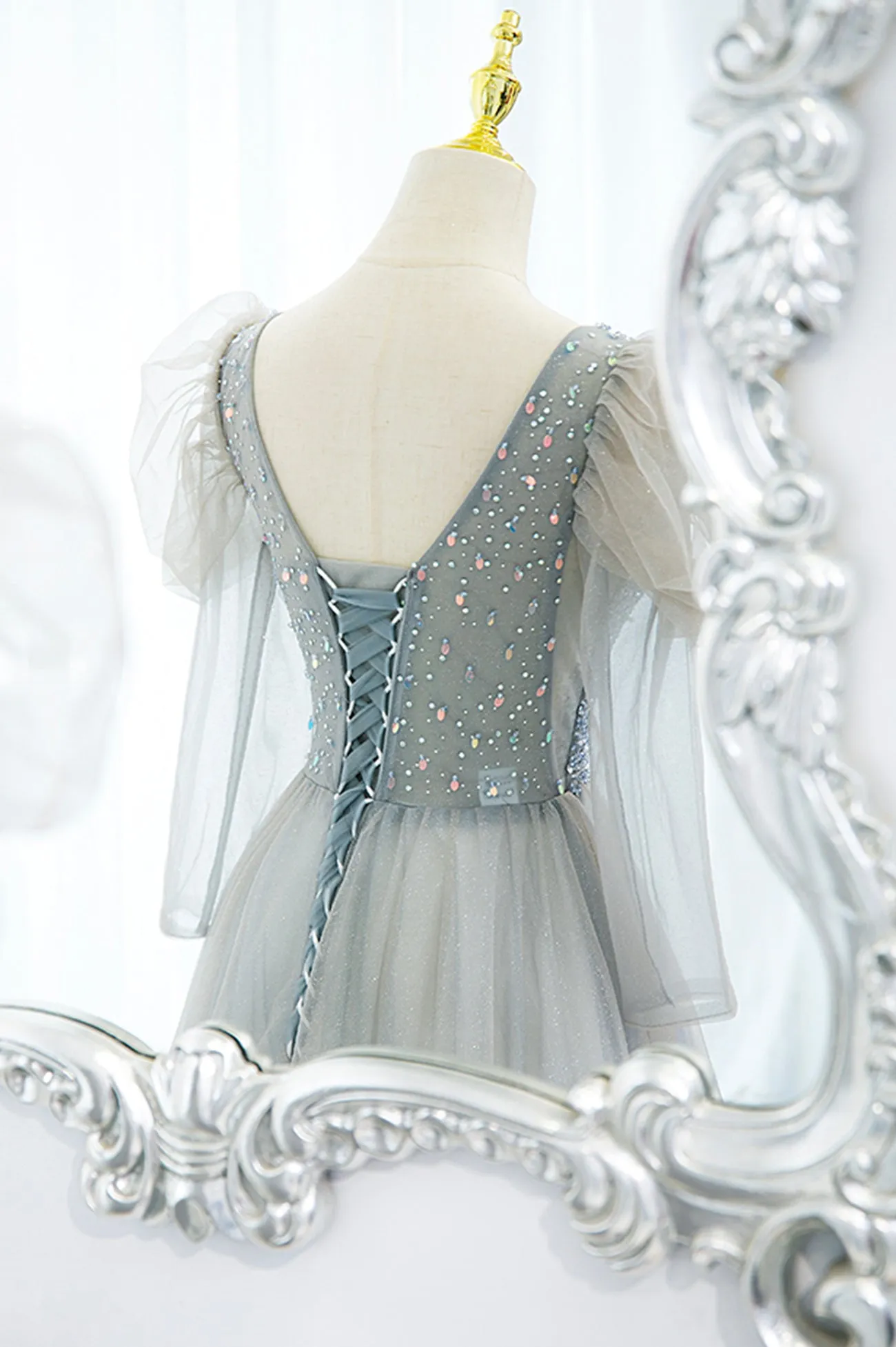 Cute V-Neck Tulle Beaded Long Prom Dress Gray A-Line Evening Party Dress