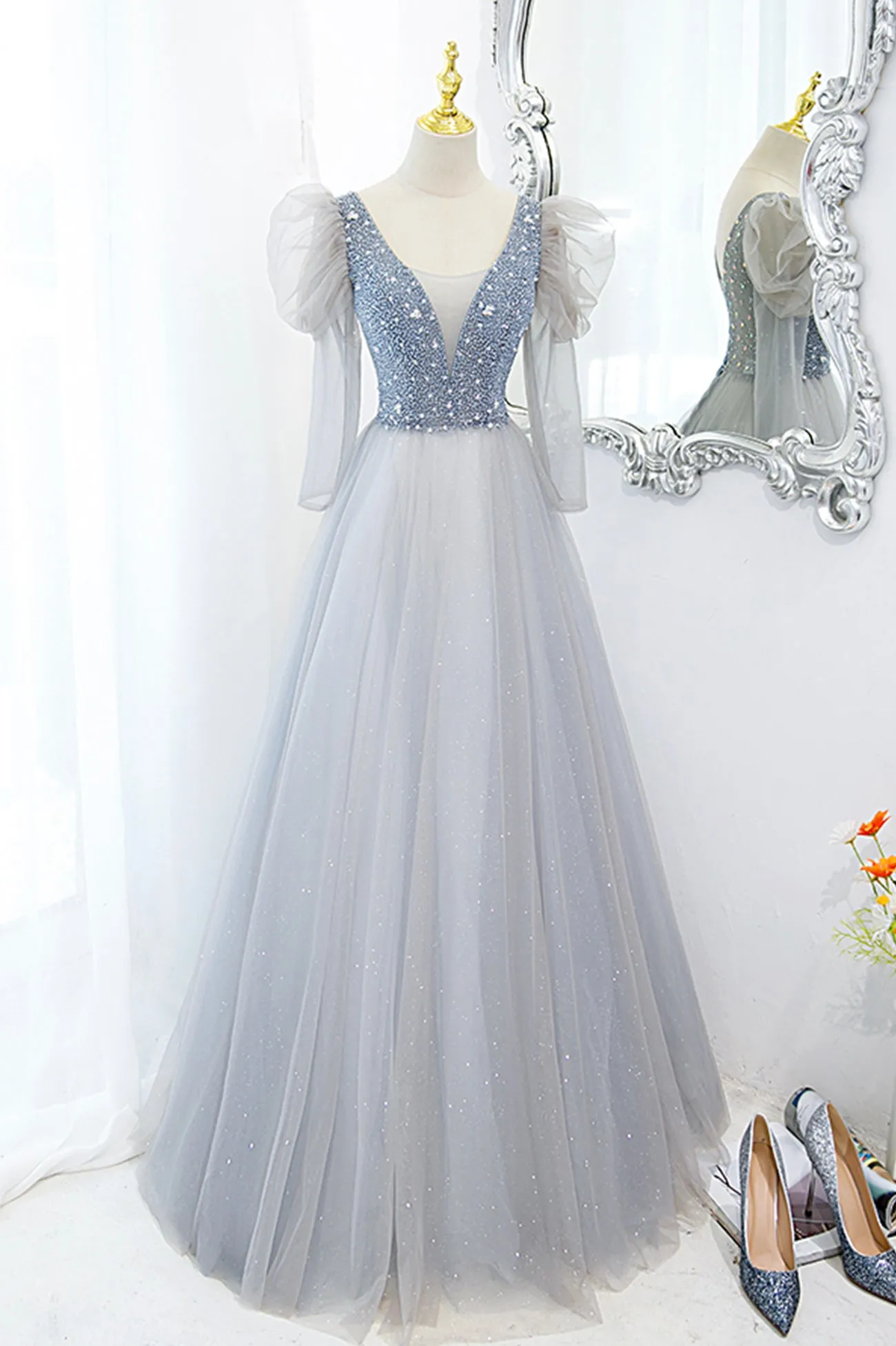 Cute V-Neck Tulle Beaded Long Prom Dress Gray A-Line Evening Party Dress