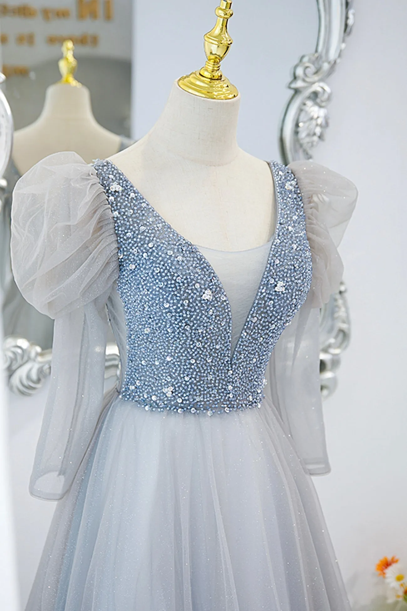 Cute V-Neck Tulle Beaded Long Prom Dress Gray A-Line Evening Party Dress