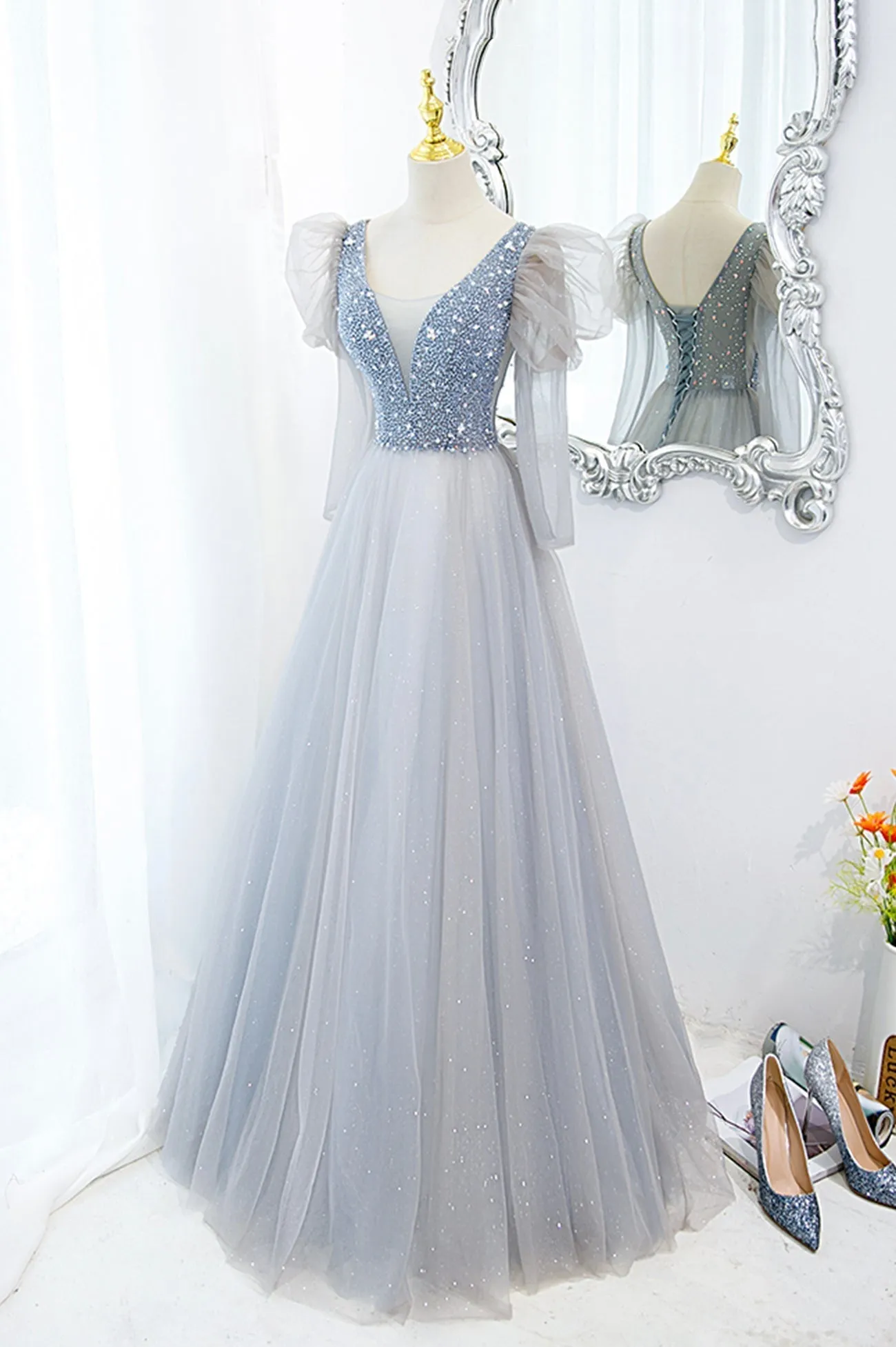 Cute V-Neck Tulle Beaded Long Prom Dress Gray A-Line Evening Party Dress