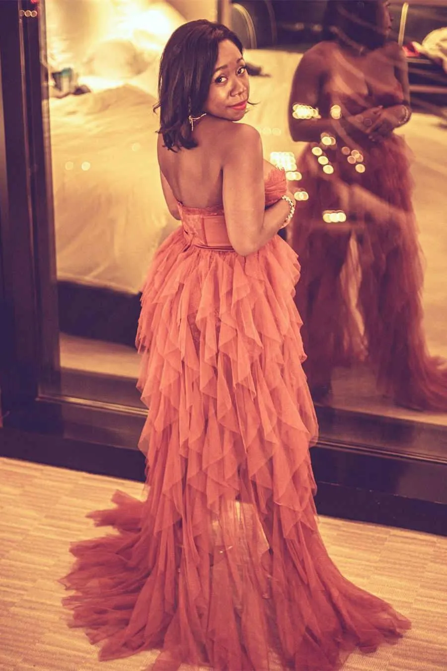 Elegant Rust Tiered Ruffles Tulle Prom Dress Evening Dress PSK313