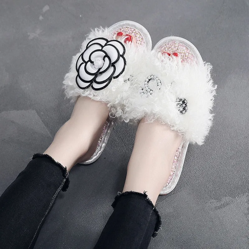Flower Fur Slippers for Women