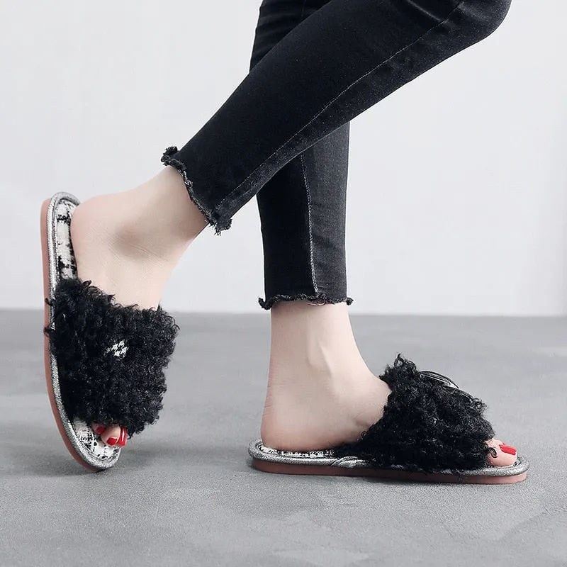 Flower Fur Slippers for Women
