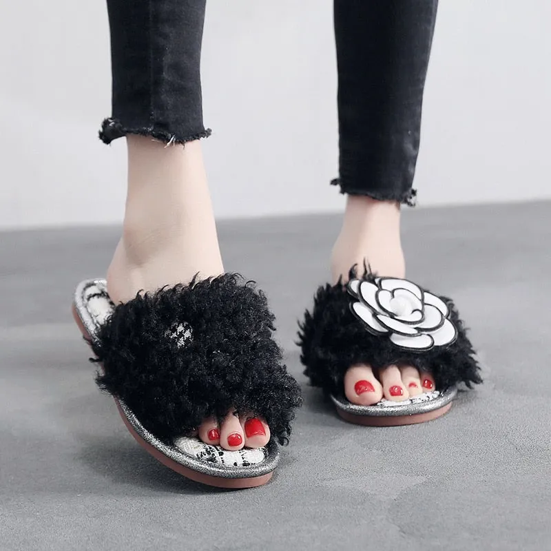 Flower Fur Slippers for Women