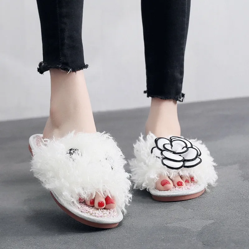 Flower Fur Slippers for Women