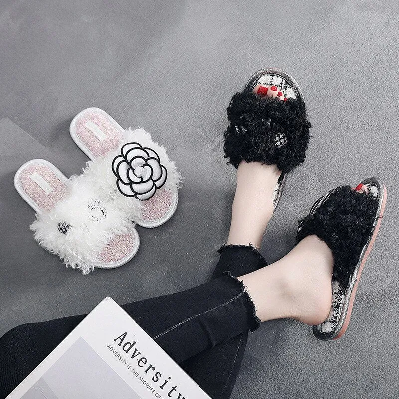 Flower Fur Slippers for Women