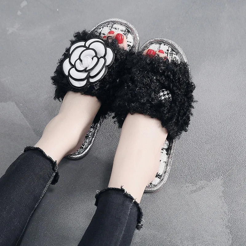Flower Fur Slippers for Women