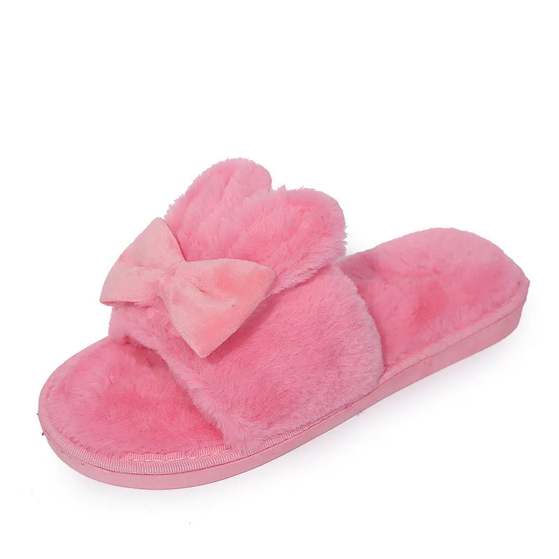 Furry Bow Rabbit Ear Slippers for Women
