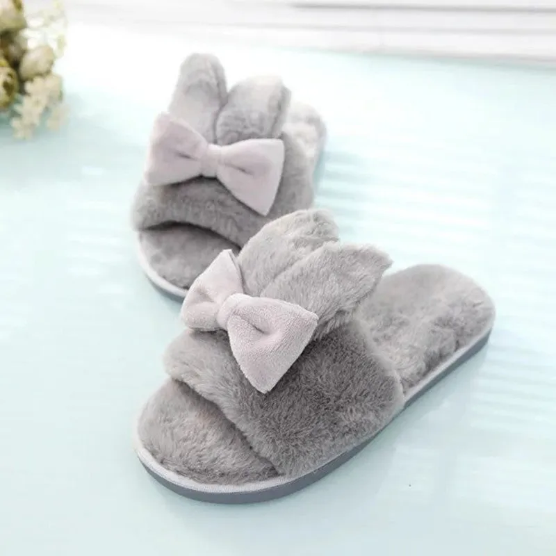 Furry Bow Rabbit Ear Slippers for Women