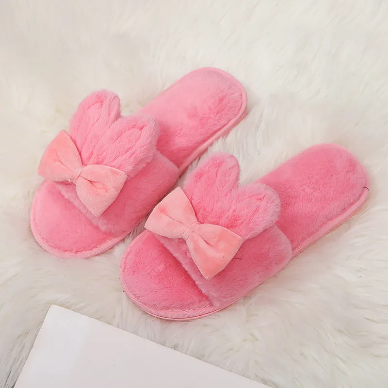 Furry Bow Rabbit Ear Slippers for Women