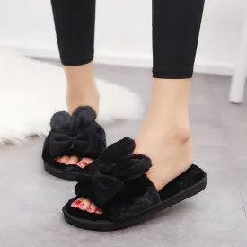 Furry Bow Rabbit Ear Slippers for Women