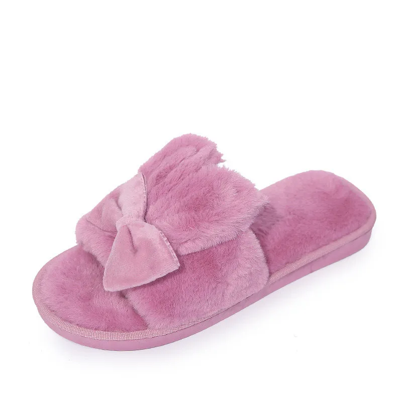 Furry Bow Rabbit Ear Slippers for Women