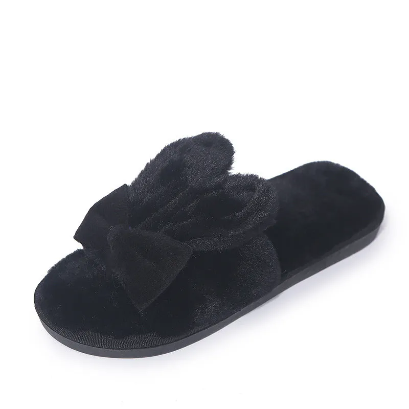 Furry Bow Rabbit Ear Slippers for Women
