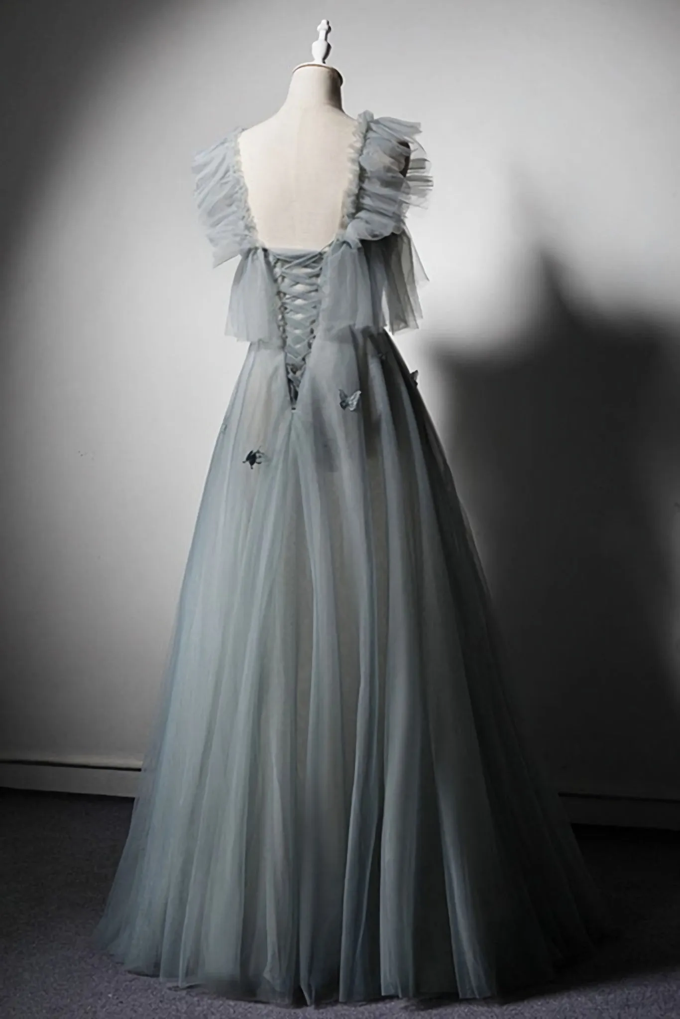 Green Gray Tulle Off Shoulder Custom Size Long Senior Prom Dress Evening Dress