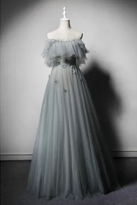 Green Gray Tulle Off Shoulder Custom Size Long Senior Prom Dress Evening Dress