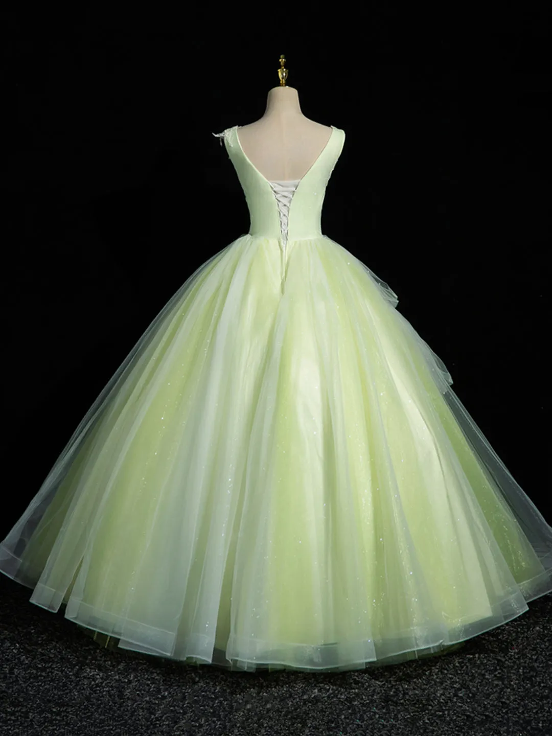 Green V-Neck Tulle Lace Long Prom Dress A-Line Sleeveless Evening Dress