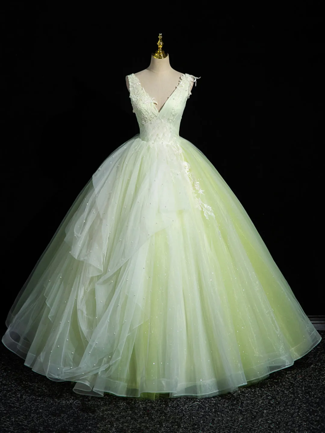 Green V-Neck Tulle Lace Long Prom Dress A-Line Sleeveless Evening Dress