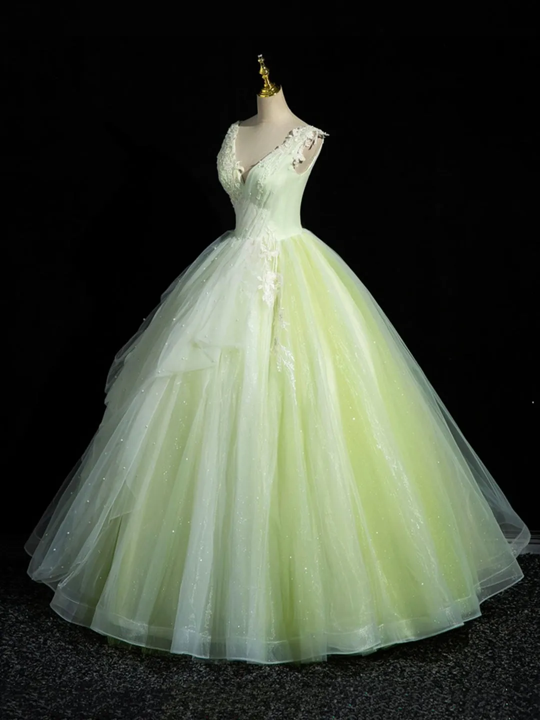 Green V-Neck Tulle Lace Long Prom Dress A-Line Sleeveless Evening Dress