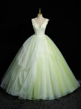 Green V-Neck Tulle Lace Long Prom Dress A-Line Sleeveless Evening Dress