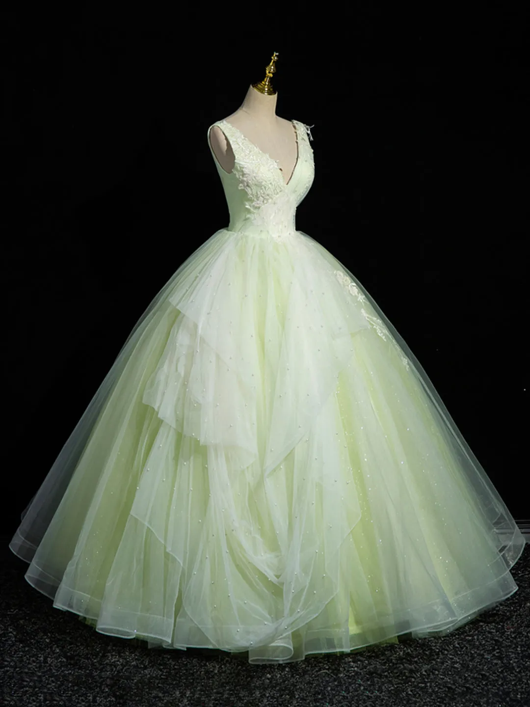 Green V-Neck Tulle Lace Long Prom Dress A-Line Sleeveless Evening Dress