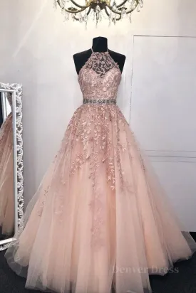 Halter Neck Pink Lace Long Prom Dress with Belt Pink Lace Formal Dress Pink Evening Dress
