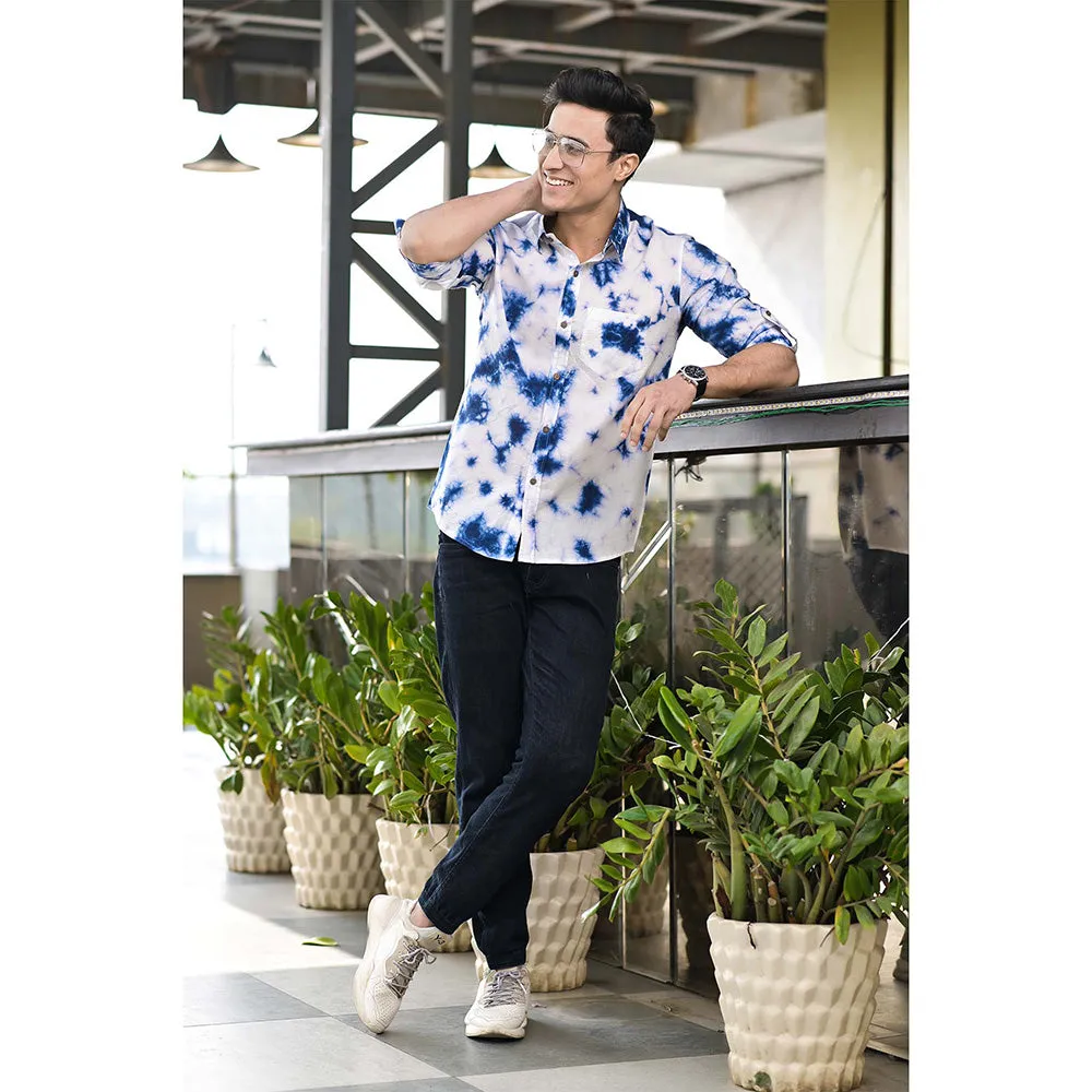 Hatheli Blue And White Tie Dye Cotton Shirt