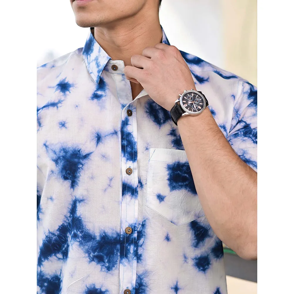 Hatheli Blue And White Tie Dye Cotton Shirt