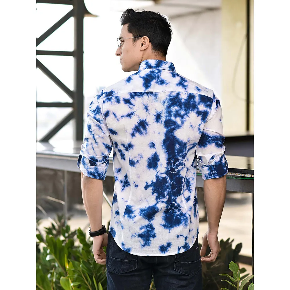 Hatheli Blue And White Tie Dye Cotton Shirt